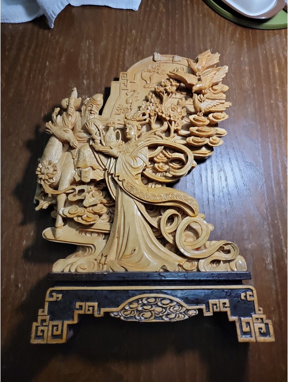 VTG Detailed Chinese Carved Wooden Figural Statue on Wooden Base, READ